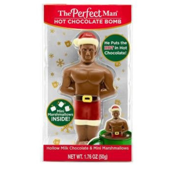 Hot chocolate bomb packaging shaped like a man, with 'The Perfect Man' branding.