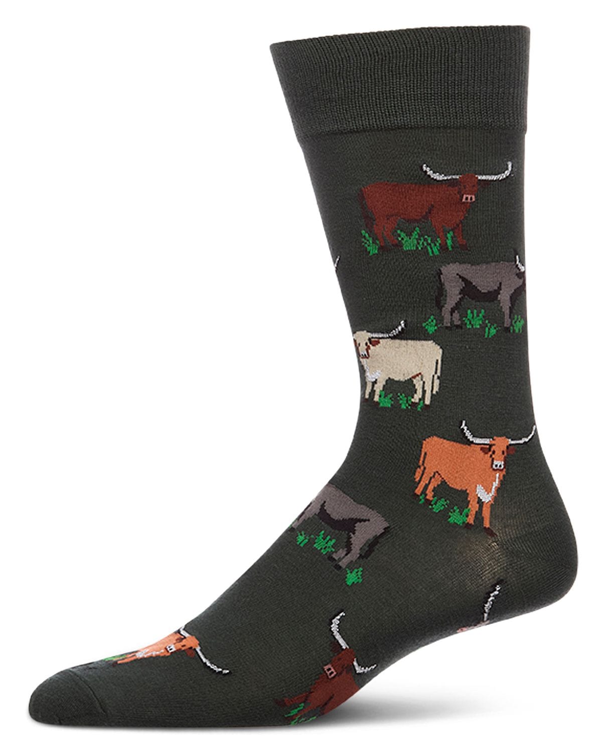 Dark men's crew sock with multicolored longhorn cattle and green grass accents on a white background.