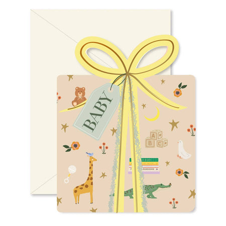 Baby shower card with a yellow ribbon and 'BABY' tag on a white background