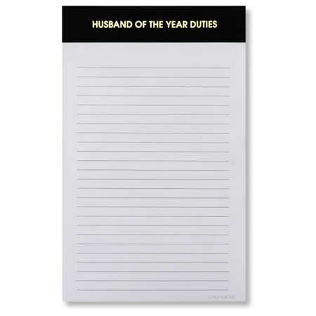 Notepad with 'Husband of the Year Duties' text on a black border
