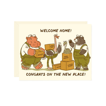 Cartoon illustration of animals with moving boxes and 'Welcome Home' text on a beige background