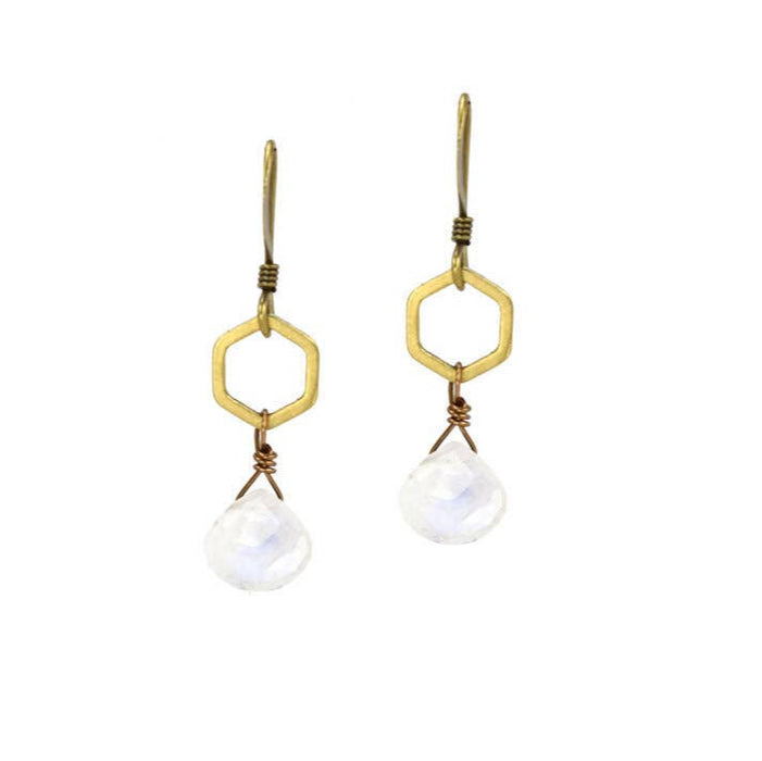 Rainbow Moonstone Dainty Hexagon Earrings