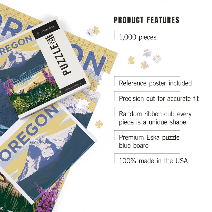 Jigsaw puzzle with a reference poster and product features listed on a white background