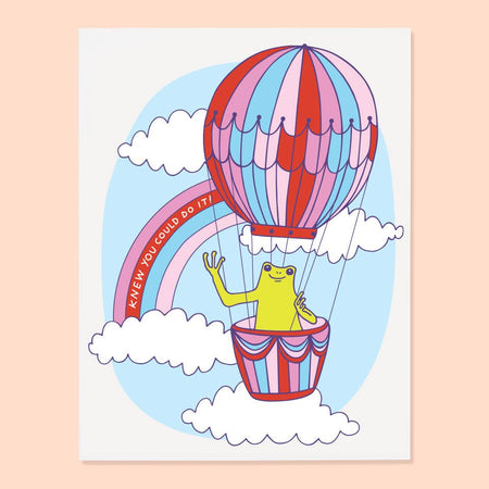 Illustration of a frog in a hot air balloon with a rainbow and clouds on a light pink background.