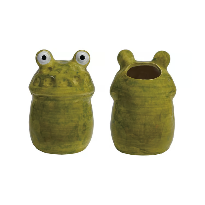 Two green frog-shaped ceramic pots on a white background