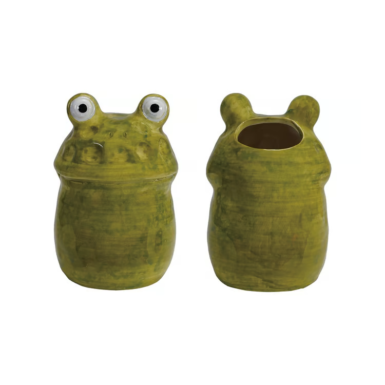 Two green frog-shaped ceramic pots on a white background