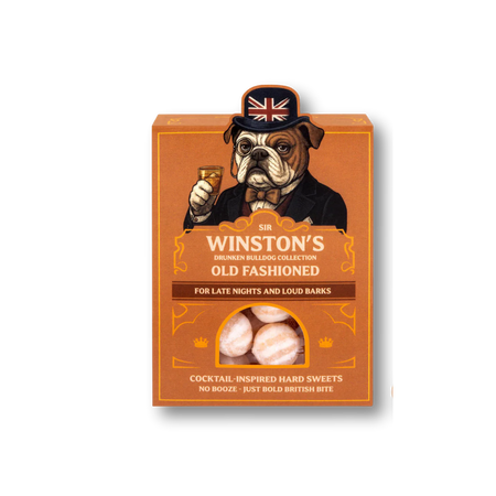 Box of Sir Winston's Old Fashioned cocktail-inspired hard sweets with a bulldog illustration on an orange background.