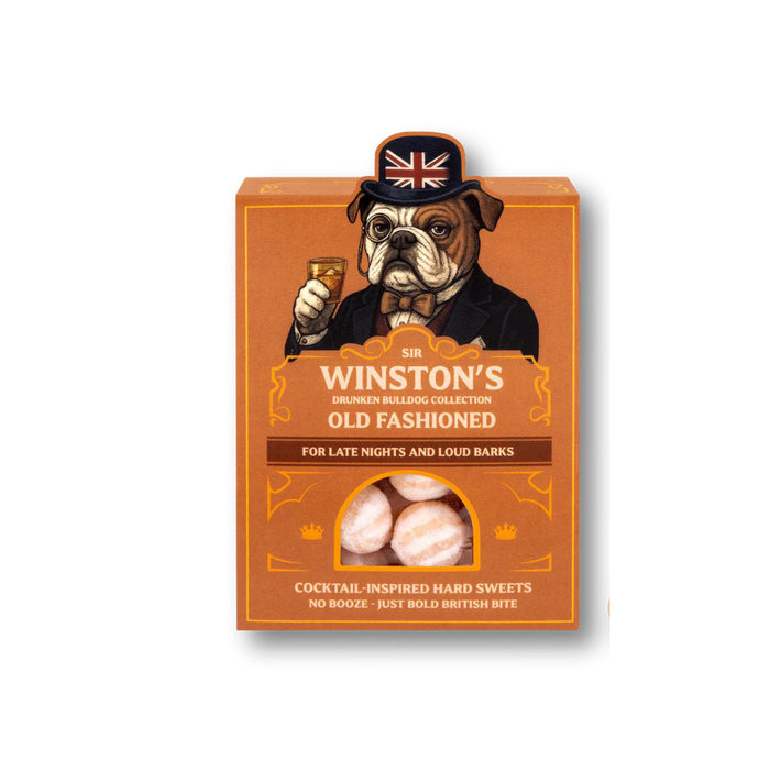 Box of Sir Winston's Old Fashioned cocktail-inspired hard sweets with a bulldog illustration on an orange background.