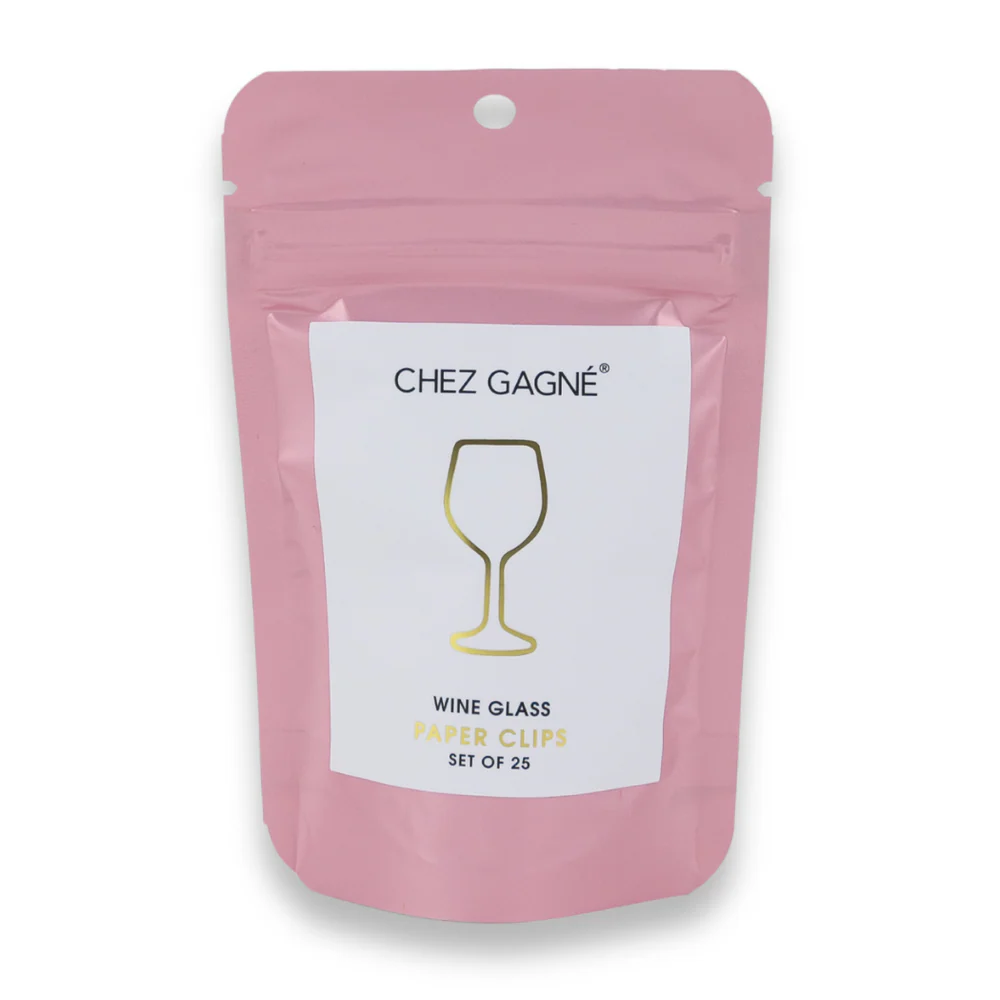 Pink package of Chez Gagne wine glass paper clips on a white background