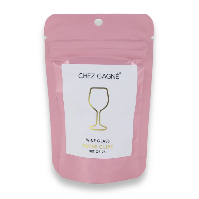 Pink package of Chez Gagne wine glass paper clips on a white background