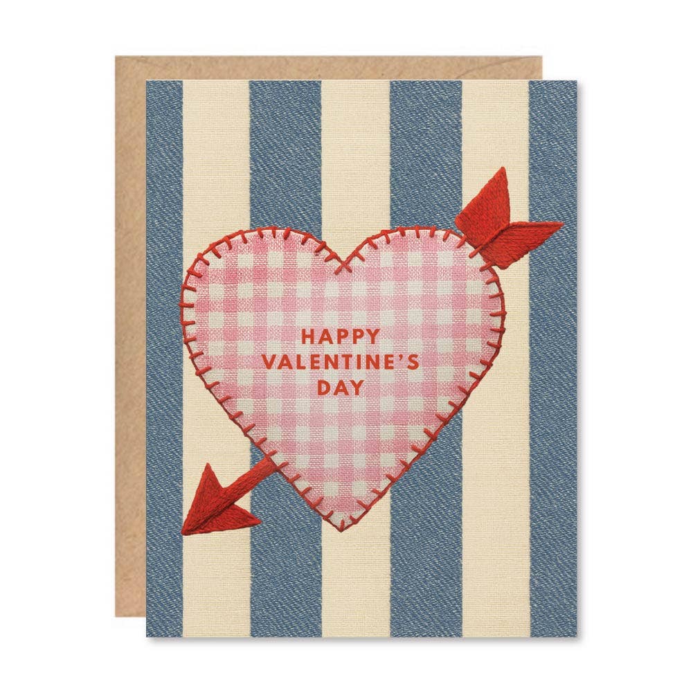 Valentine's Day card with a pink checkered heart and red arrow on a blue and beige striped background.