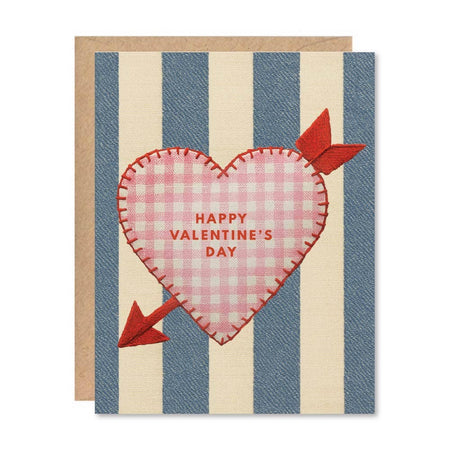 Valentine's Day card with a pink checkered heart and red arrow on a blue and beige striped background.