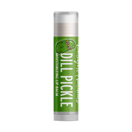 Lip balm with a dill pickle design on a white background