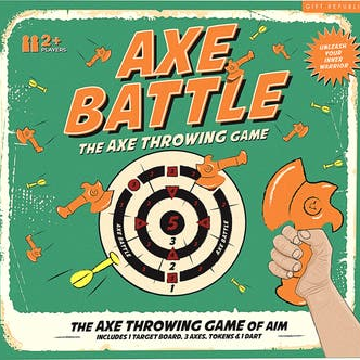 Axe Battle game packaging with target board and axes on a green background