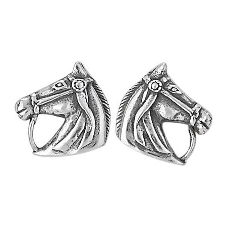 Pair of silver horse head earrings on a white background