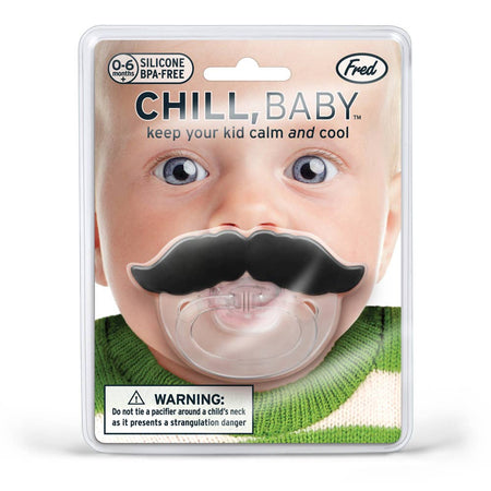 A pacifier with a mustache design for babies, packaged in a clear plastic shell with a green and white label, featuring the brand 'Chill Baby'.