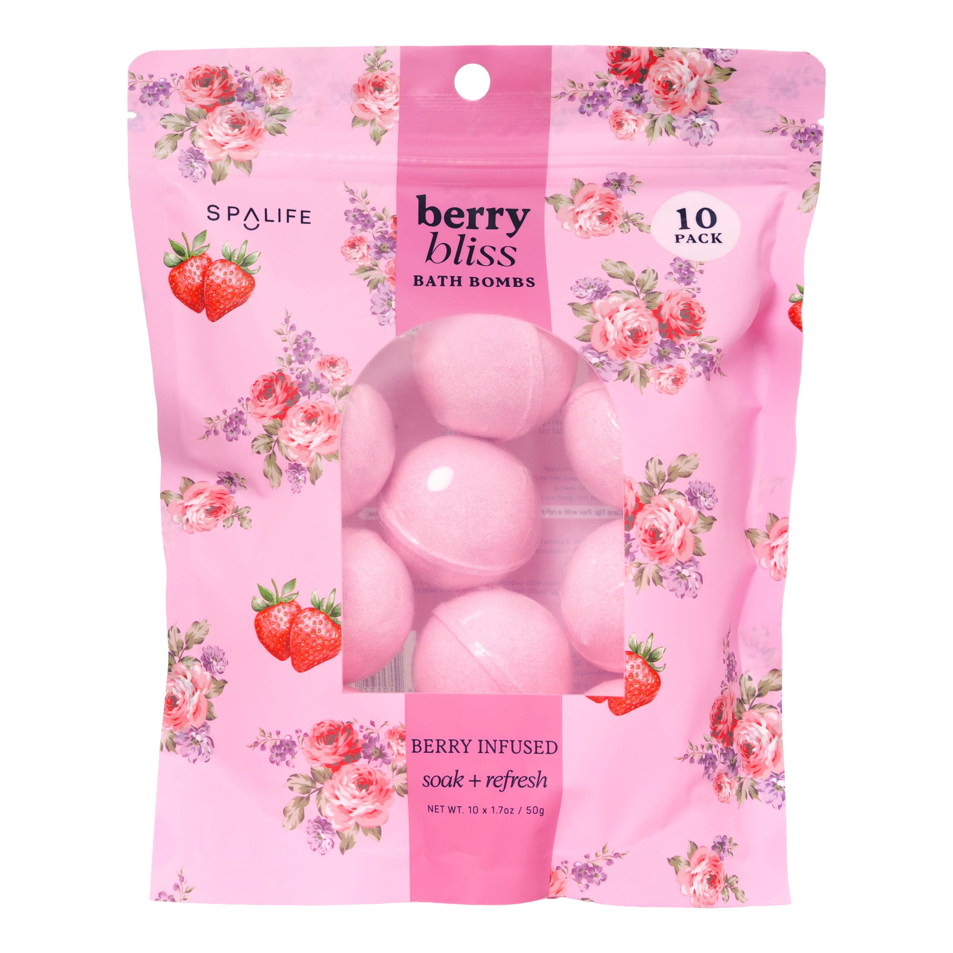 Package of Spa Life berry bliss bath bombs with pink packaging and floral designs.