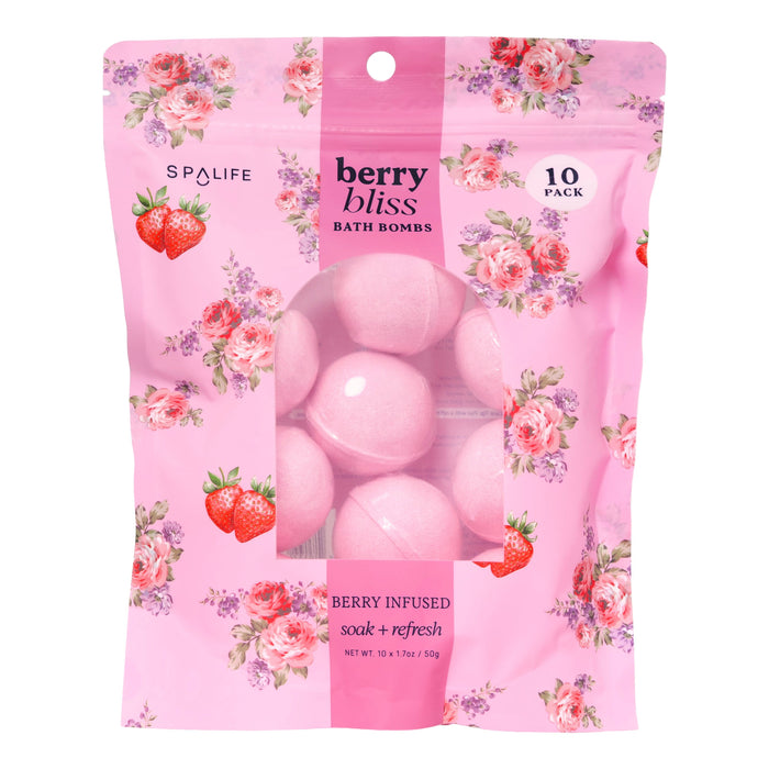 Package of Spa Life berry bliss bath bombs with pink packaging and floral designs.
