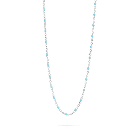 Necklace with alternating silver and turquoise beads on a white background