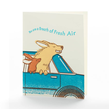 Card with illustration of a dog and cat in a car, text 'You are a Breath of Fresh Air', on a white background