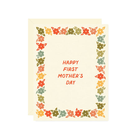 Greeting card with floral border and 'Happy First Mother's Day' text on a beige background
