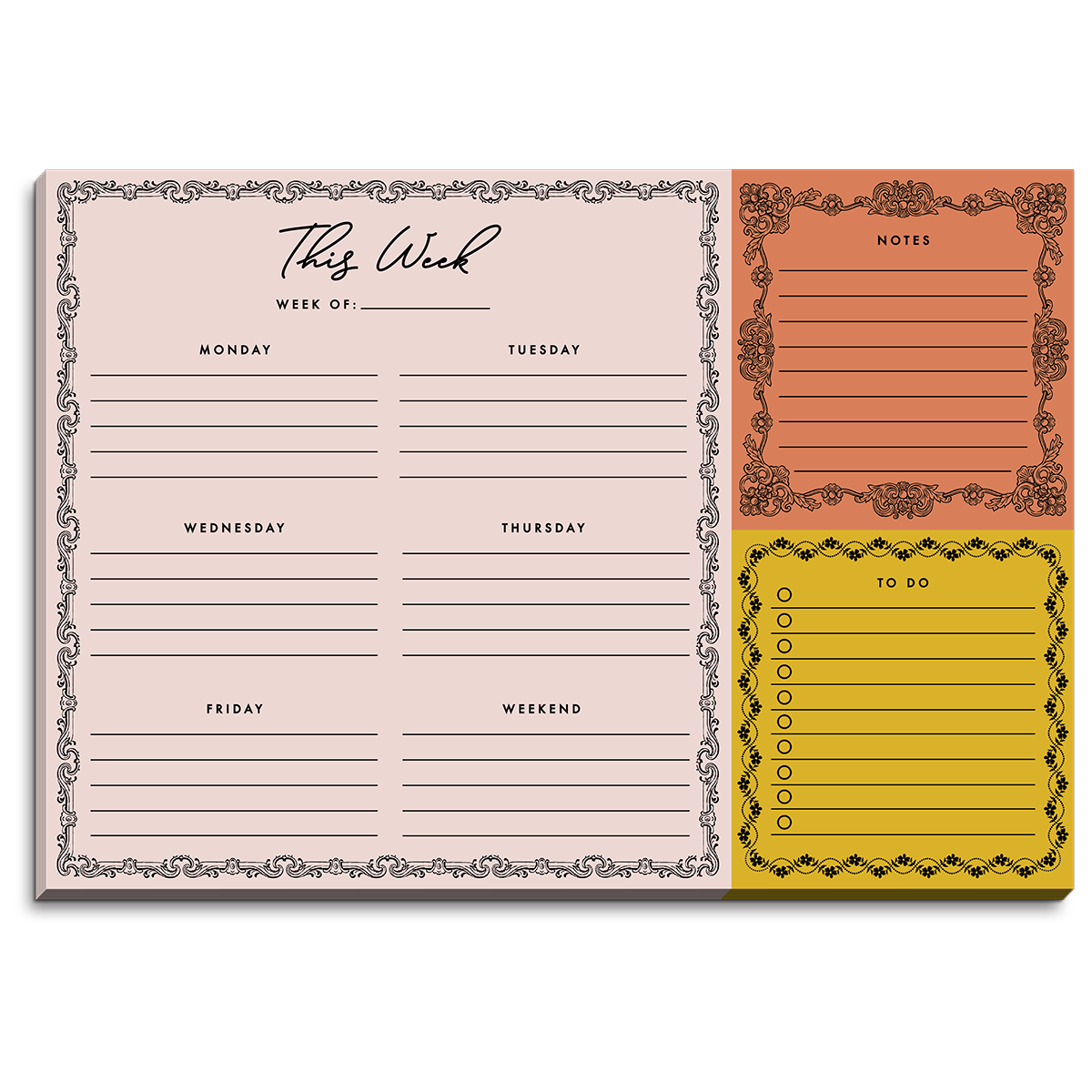 Weekly Blush Desk Pad Planner with Orange Notepad and Yellow To Do List. Each with vintage style borders. 