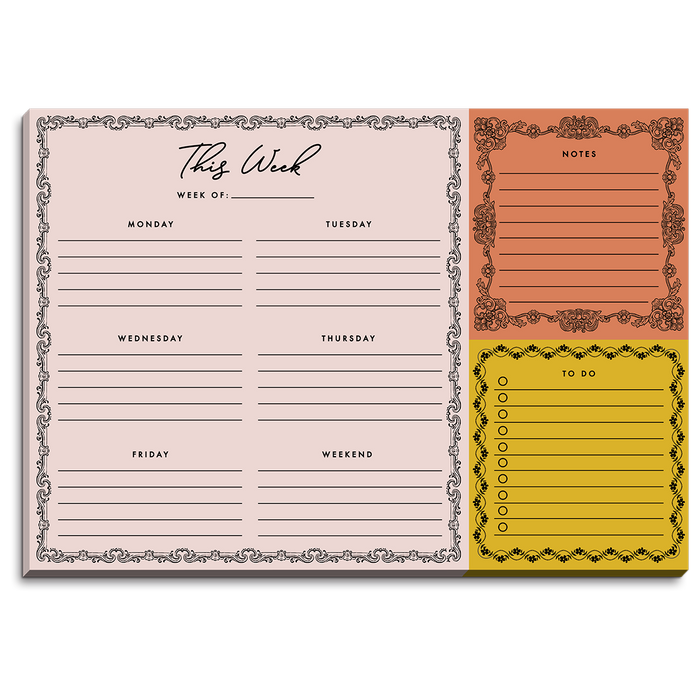 Weekly Blush Desk Pad Planner with Orange Notepad and Yellow To Do List. Each with vintage style borders. 
