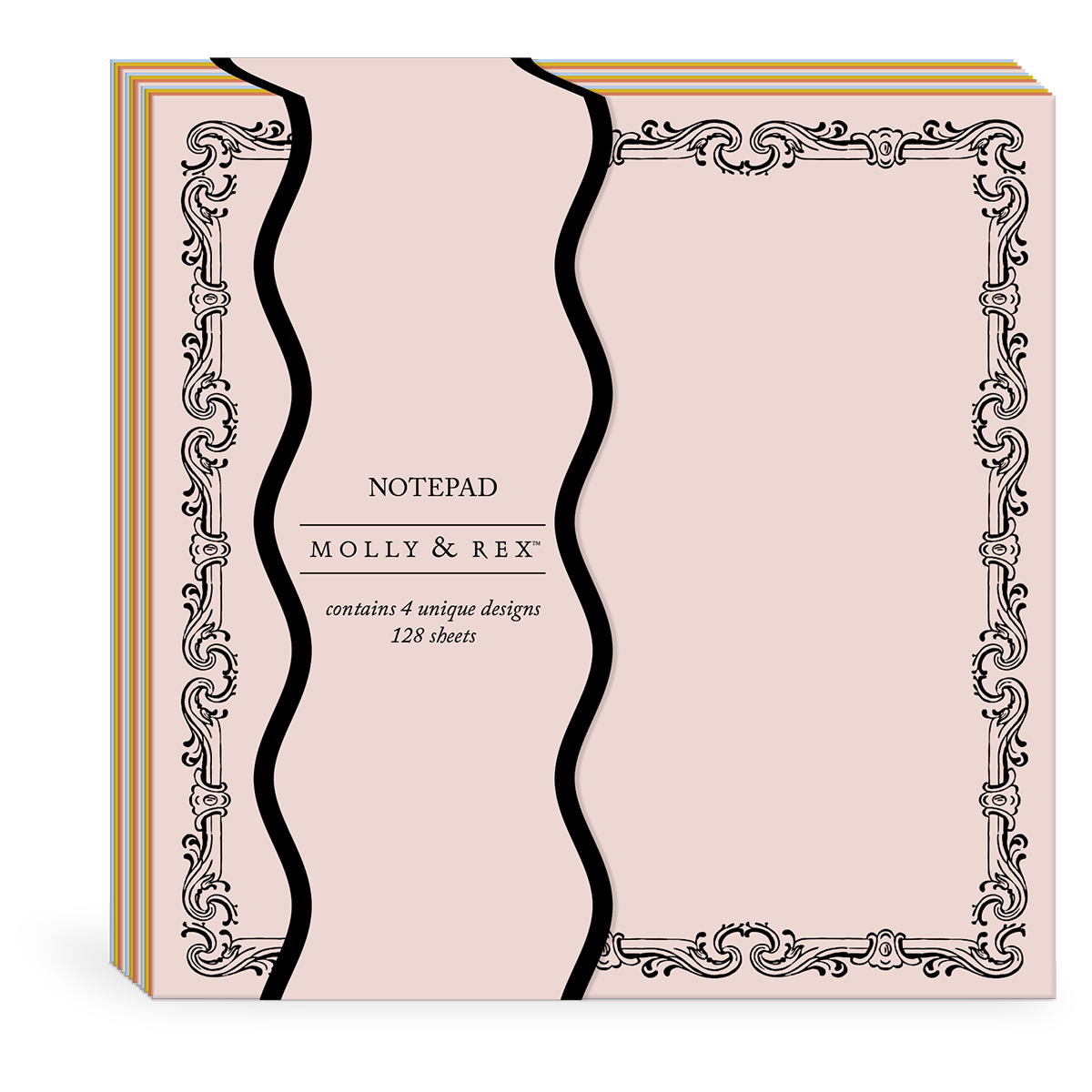 A boxed notepad set by Molly & Rex, featuring a pale blush pink cover with black wavy divider lines, ornate black scroll borders, and gold striped edges. The front reads 'NOTEPAD MOLLY & REX contains 4 unique designs 128 sheets'.
