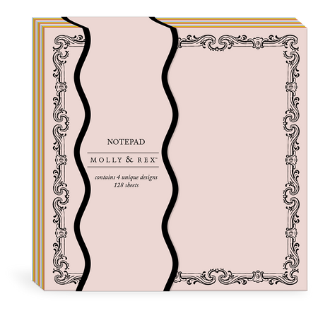 A boxed notepad set by Molly & Rex, featuring a pale blush pink cover with black wavy divider lines, ornate black scroll borders, and gold striped edges. The front reads 'NOTEPAD MOLLY & REX contains 4 unique designs 128 sheets'.