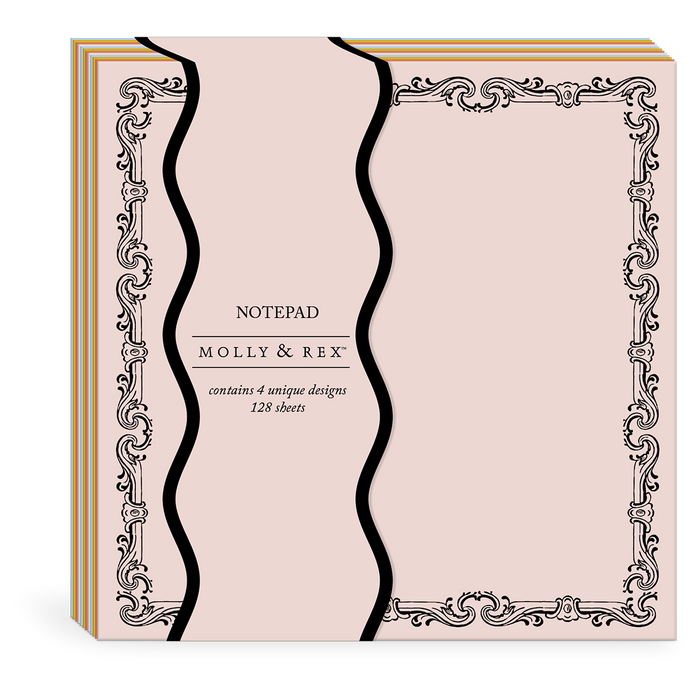 A boxed notepad set by Molly & Rex, featuring a pale blush pink cover with black wavy divider lines, ornate black scroll borders, and gold striped edges. The front reads 'NOTEPAD MOLLY & REX contains 4 unique designs 128 sheets'.