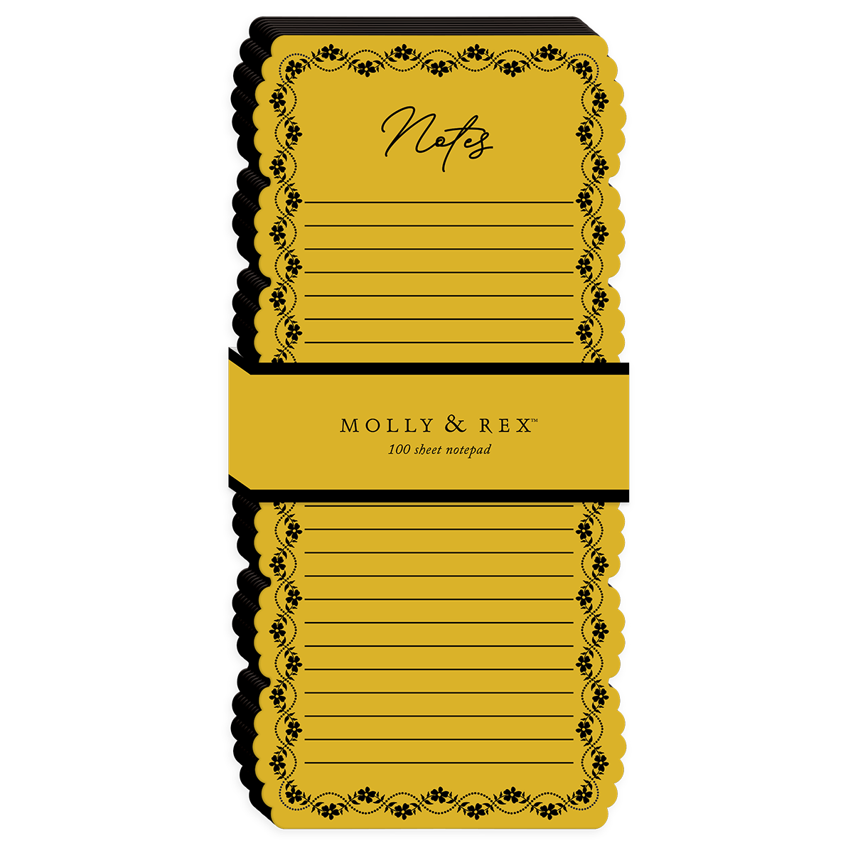 Mustard yellow notepad with a scalloped edge and floral vintage style border.