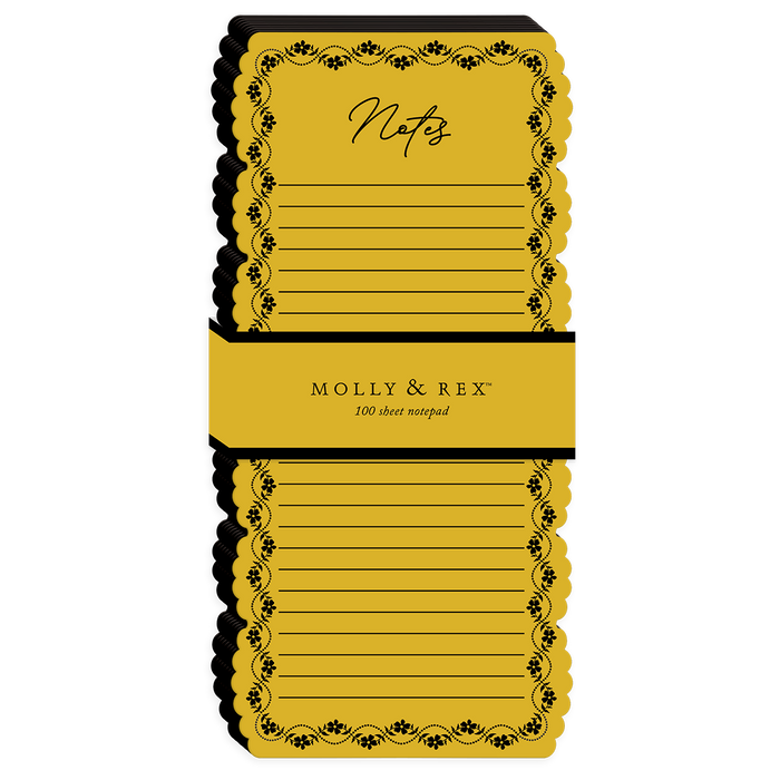 Mustard yellow notepad with a scalloped edge and floral vintage style border.