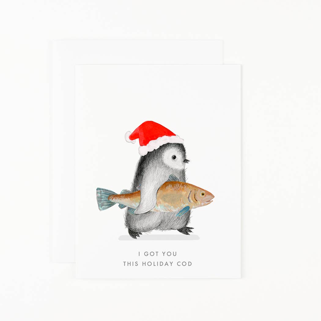 Illustration of a penguin holding a fish wearing a Santa hat with text 'I got you this holiday cod' on a white background.