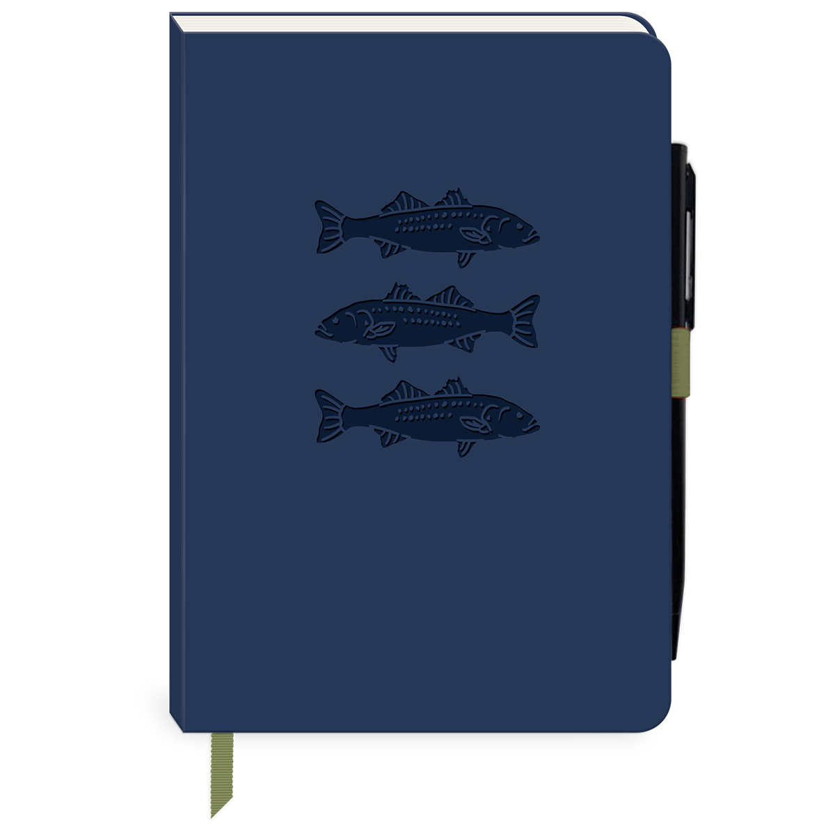 A navy blue hardcover notebook featuring three embossed fish illustrations on the front cover, with a black pen tucked into the side and a matching navy ribbon bookmark hanging from the bottom.