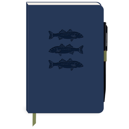 A navy blue hardcover notebook featuring three embossed fish illustrations on the front cover, with a black pen tucked into the side and a matching navy ribbon bookmark hanging from the bottom.