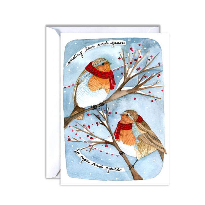 Greeting card with two birds in scarves on a branch with berries, on a white background.