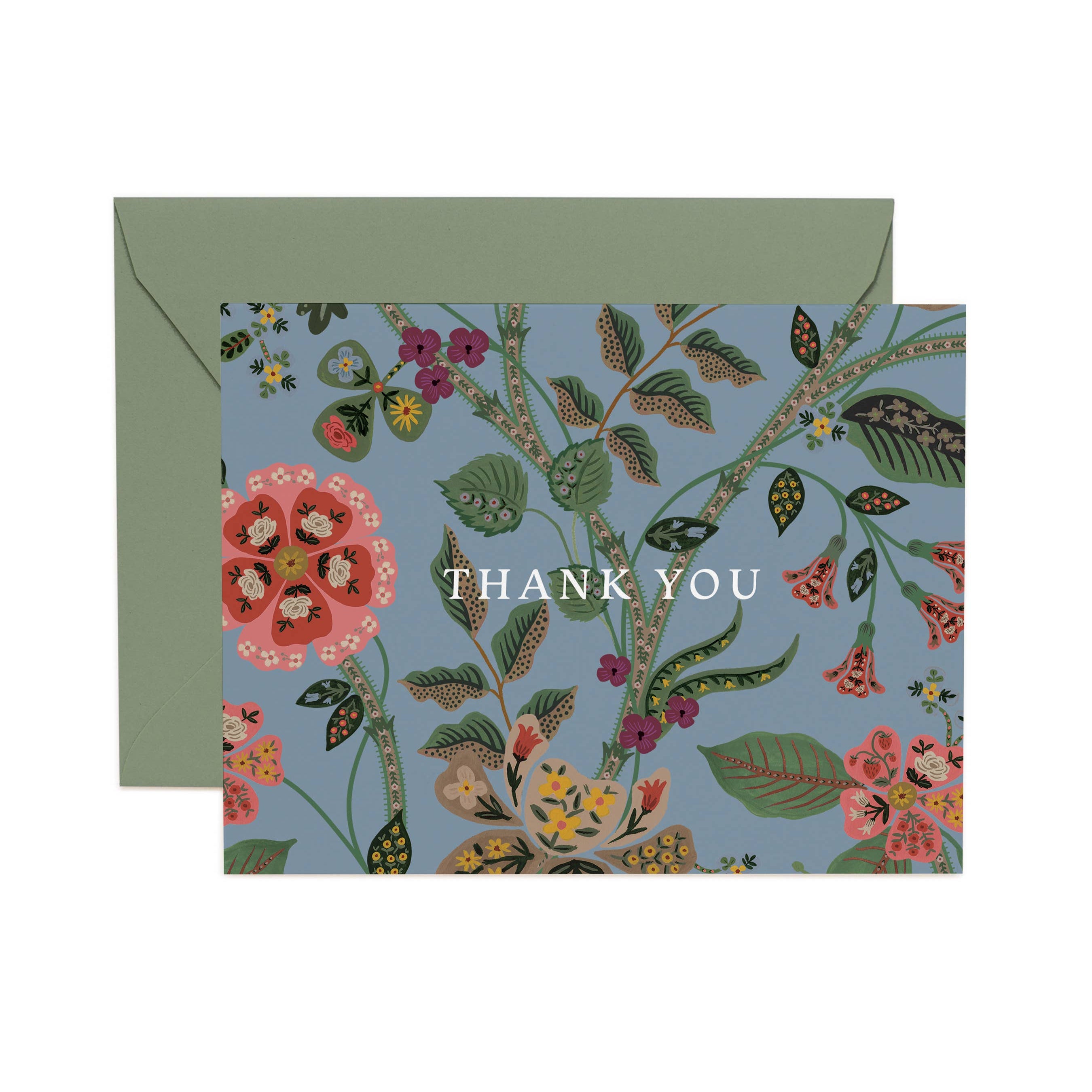 Floral card with 'Thank You' text and matching envelope on a white background