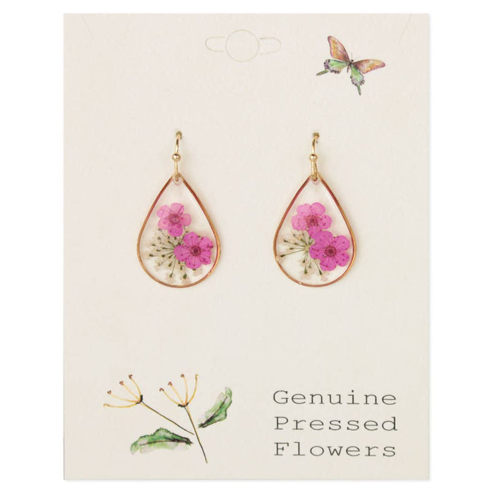 Pretty Pink Dried Flower Gold Teardrop Earrings