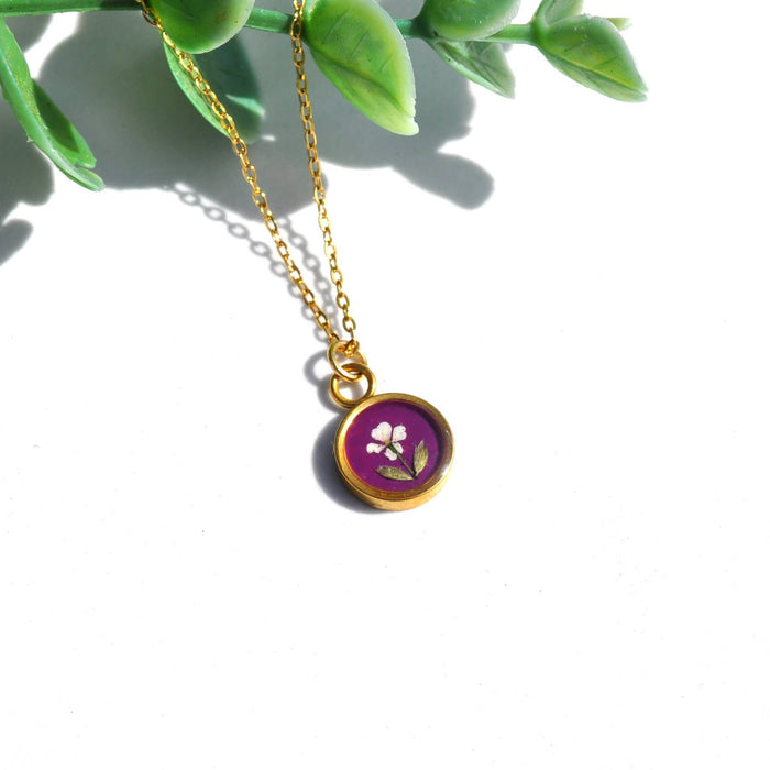 Pressed Flower Tiny Gold Circle Necklace