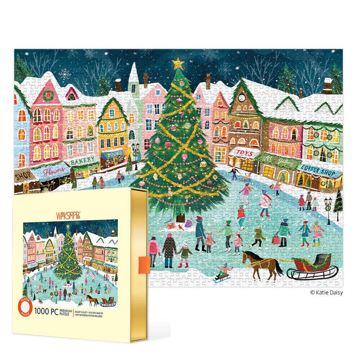Jigsaw puzzle box with a festive village scene featuring a Christmas tree and people on a snowy street.