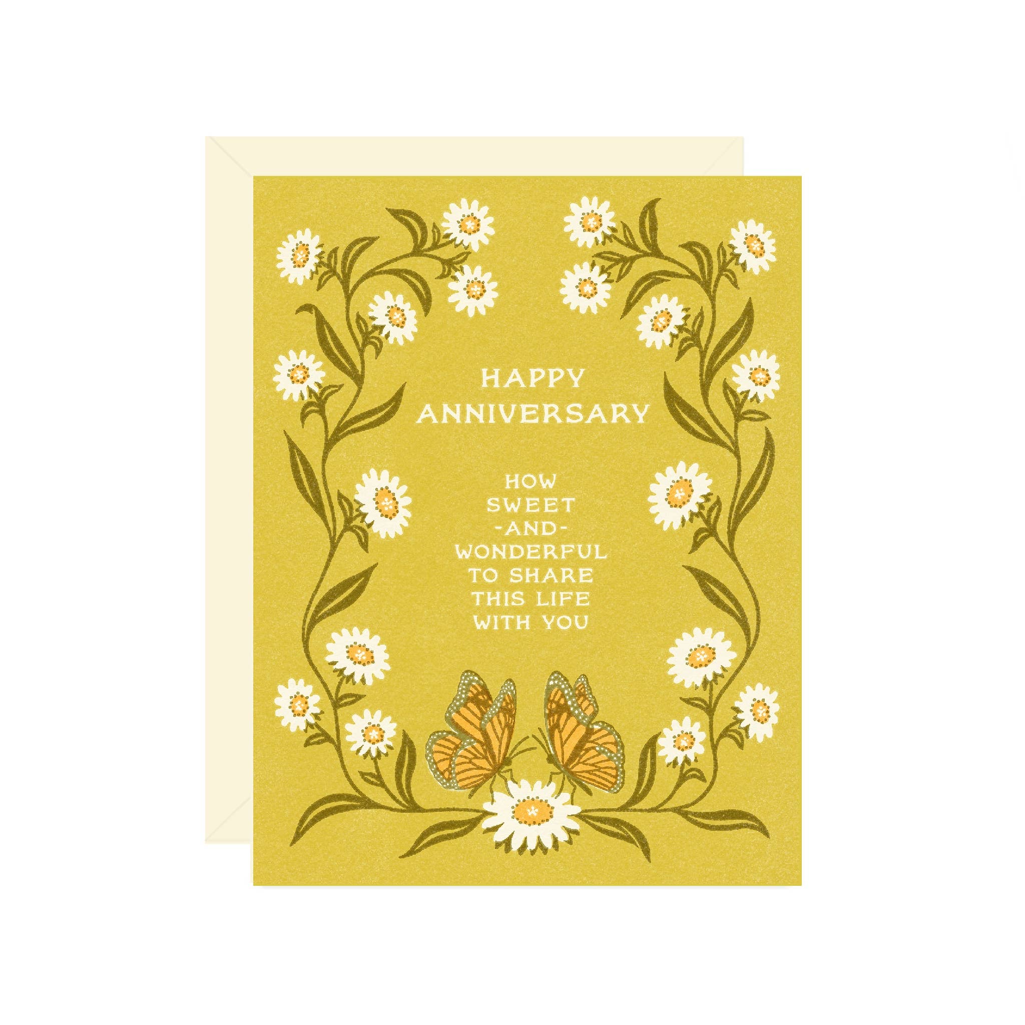 Yellow anniversary card with floral design and butterflies on a white background