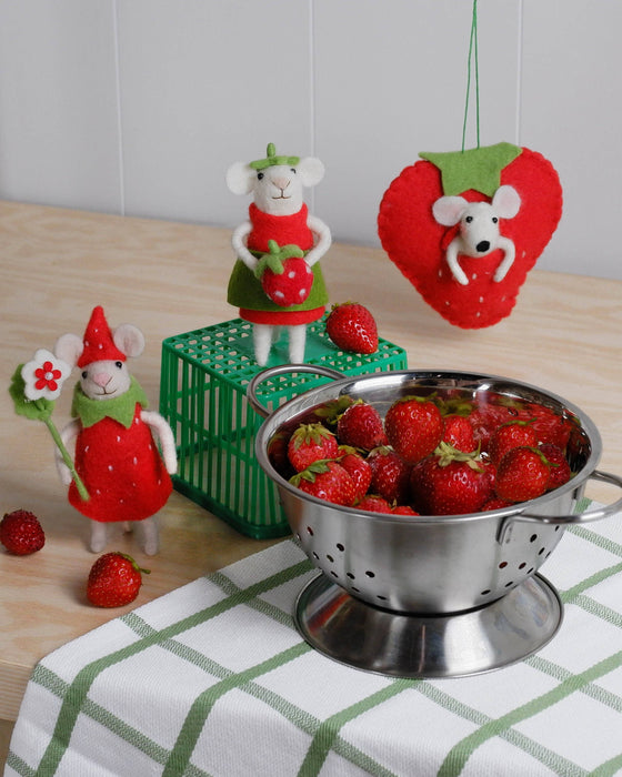 A12864:White felt mouse in red strawberry ornament, 5 in