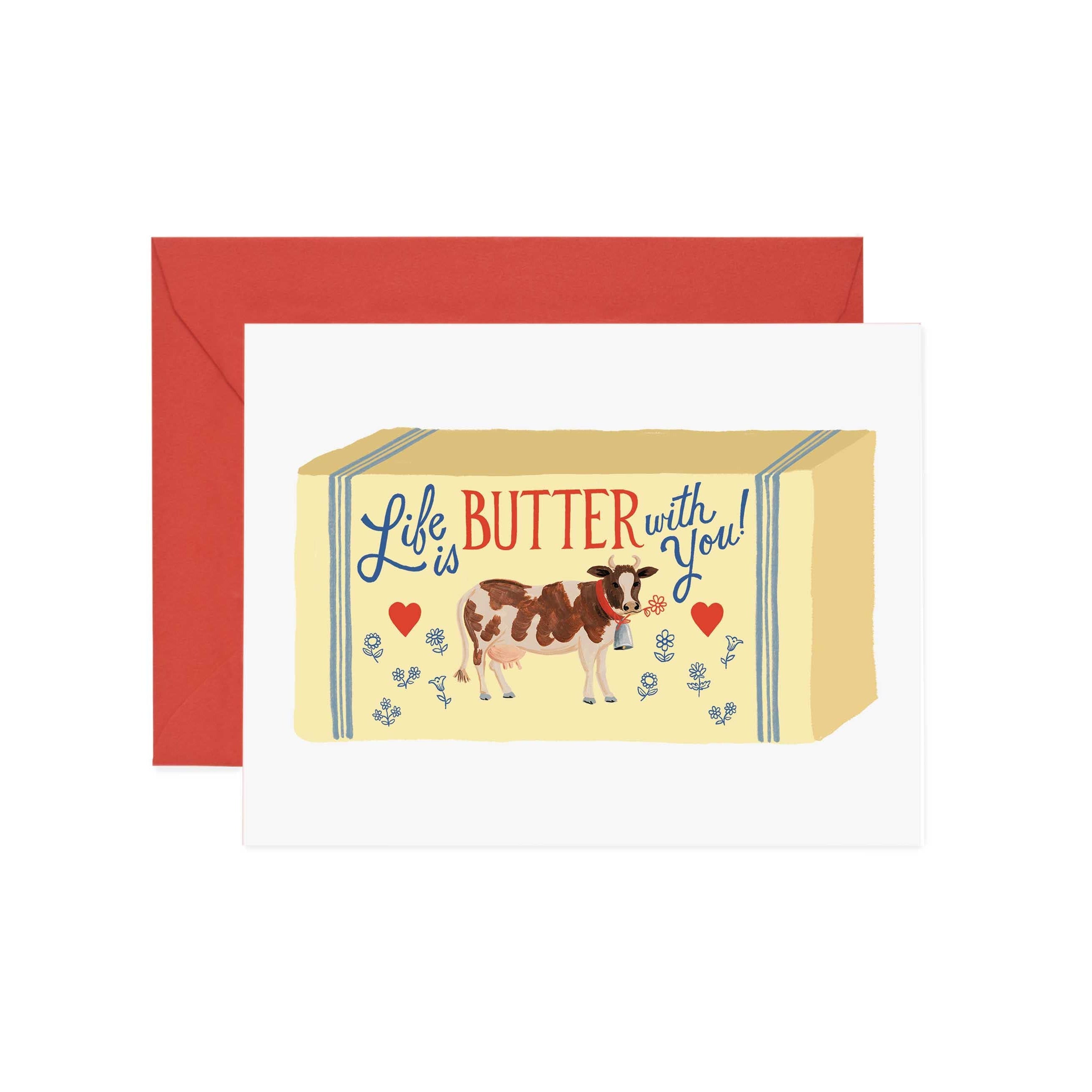 Card with a cow illustration and text 'Life is butter with you' on a red envelope.