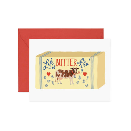 Card with a cow illustration and text 'Life is butter with you' on a red envelope.