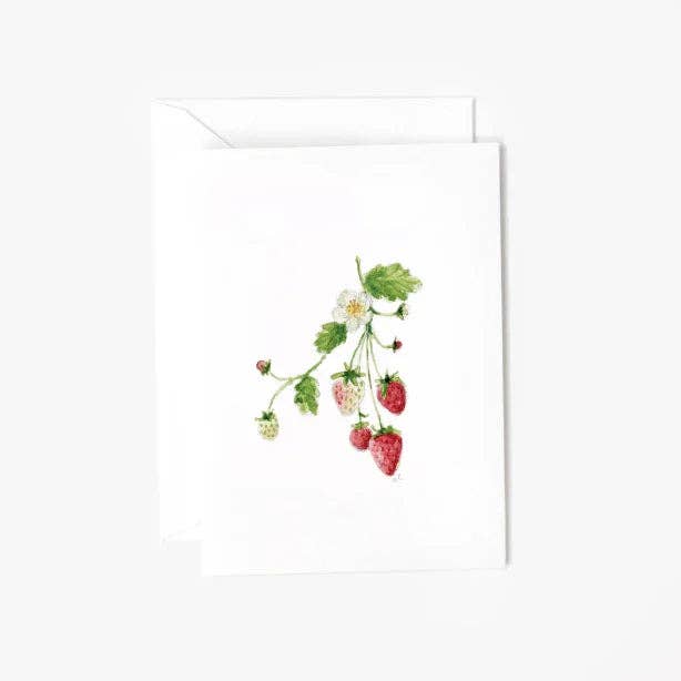 Illustration of strawberries and leaves on an enclosure card with white envelope on awhite background