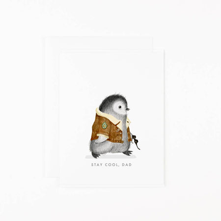 Illustration of a penguin wearing a jacket with 'Stay cool, dad' text on a white background