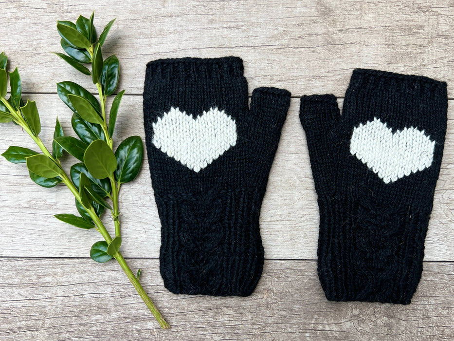 Alpaca Cable Black Heart Fingerless Gloves Fleece Lined
