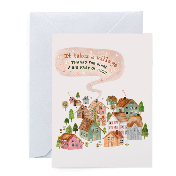 Greeting card with illustration of a village and text 'It takes a village. Thanks for being a big part of ours.'