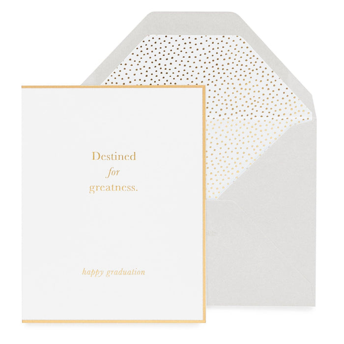Graduation card with 'Destined for greatness' text and gold border, featuring a polka dot envelope liner.