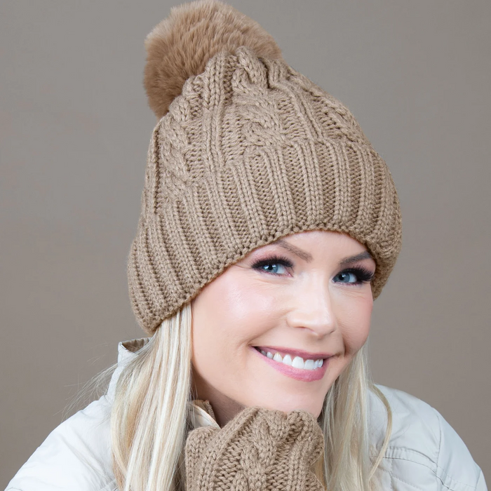 Winter Sierra Latte Cable Knit Pom Beanie